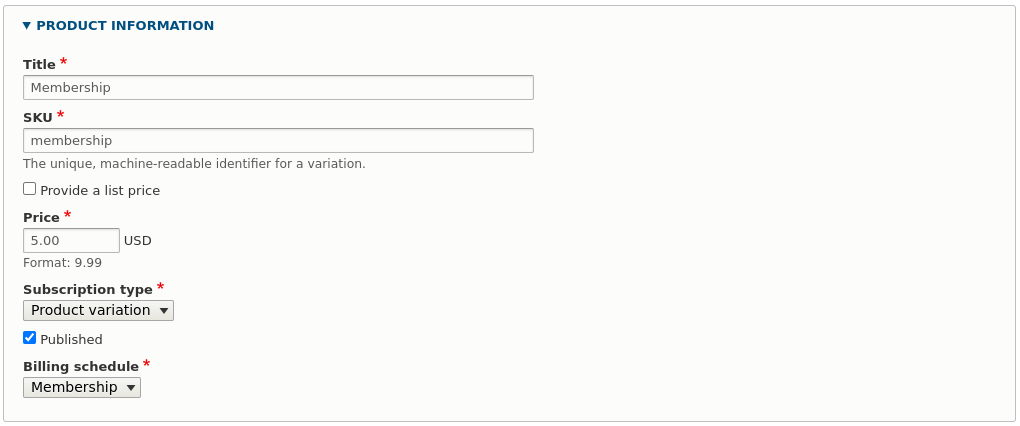 Product with a recurring product variation